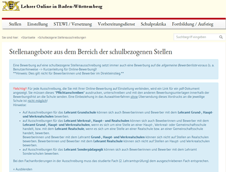 Screenshot Stellenangebote an Schulen